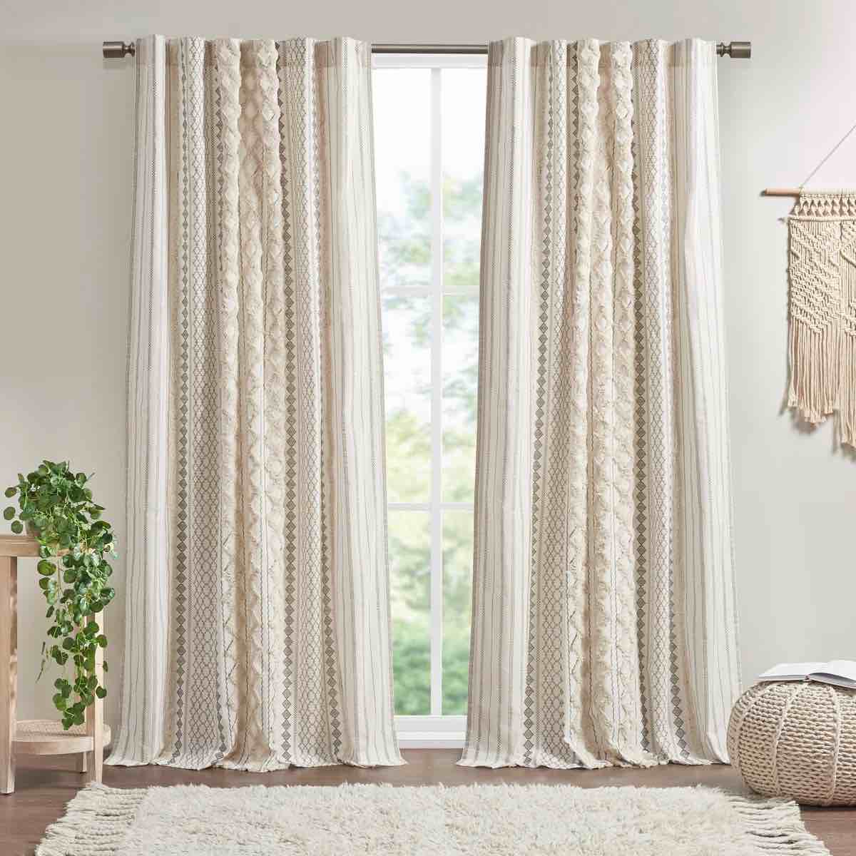 Imani 100% Cotton Printed Boho Single Curtain Panel with Tufted Chenille Stripe and Lining