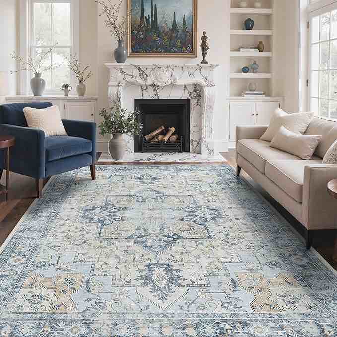 weber machine washable oriental ivory/blue area rug, 2'7" x 10'