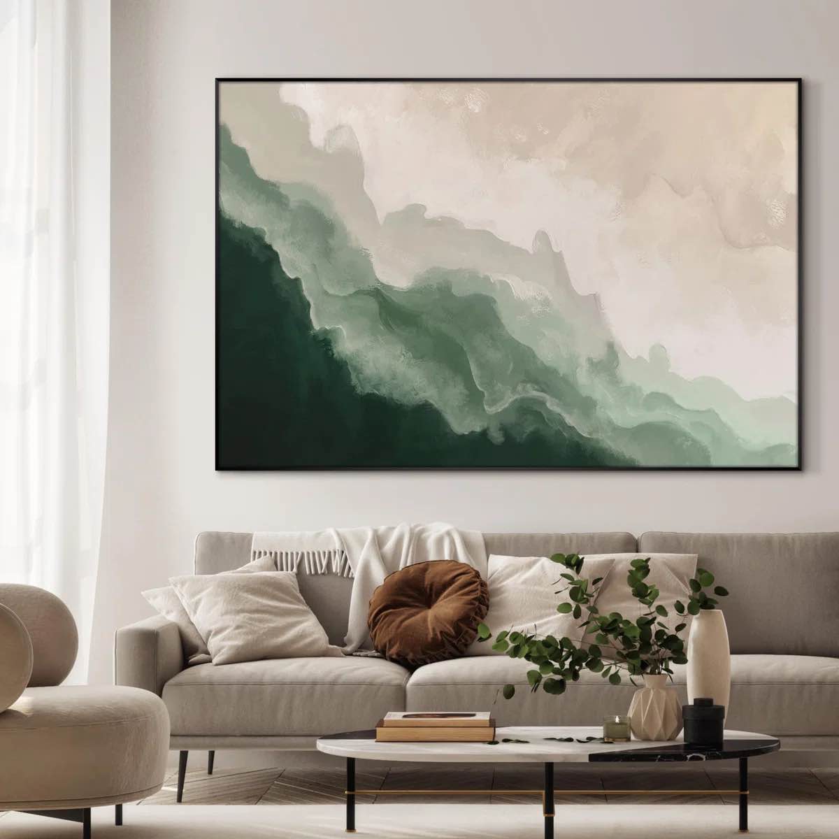 Soothing Abstract Ocean Waves Minimalist Green and Beige Extra Large Framed Wall Art Print Decor (Frame Assembly Required)- 60" H x 72" W