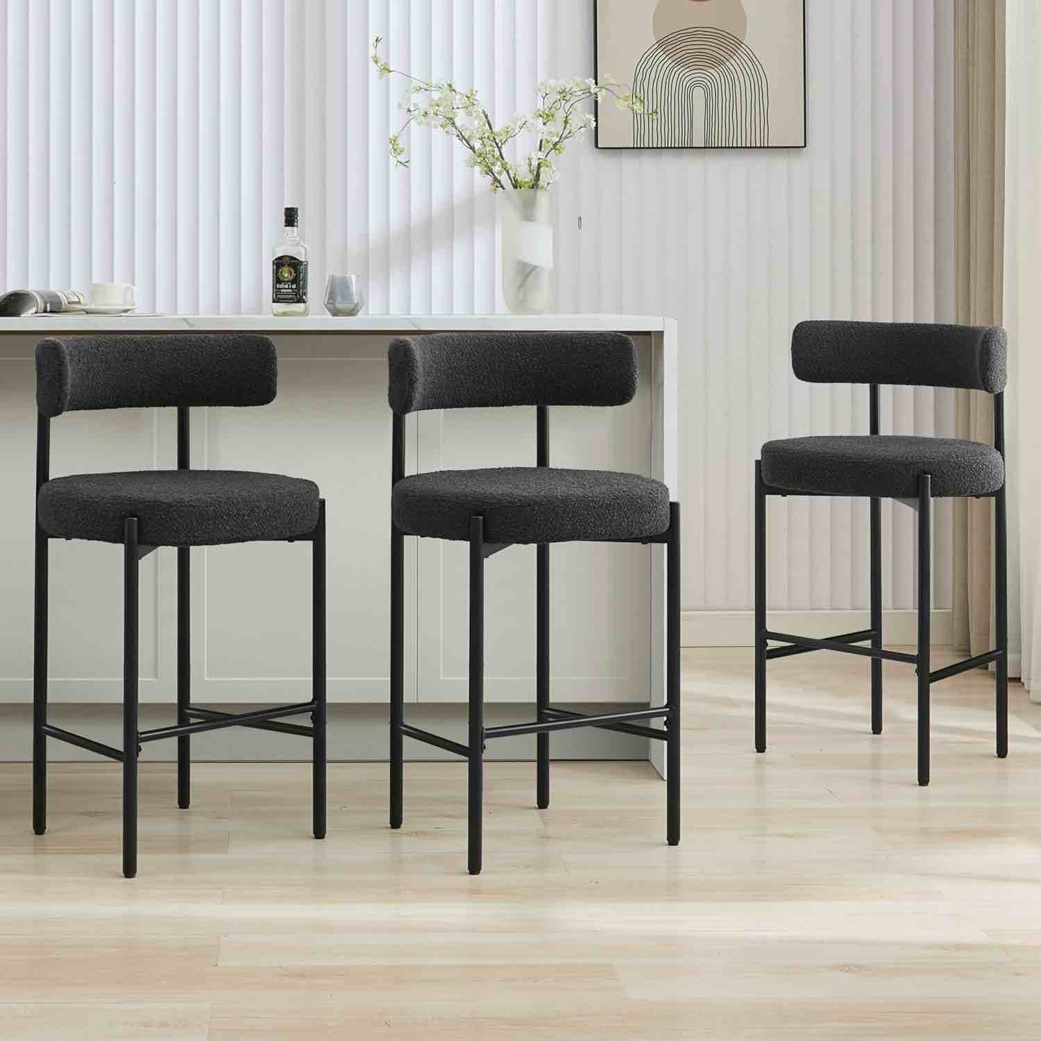 28" boucle upholstered metal counter stool set of 3, black