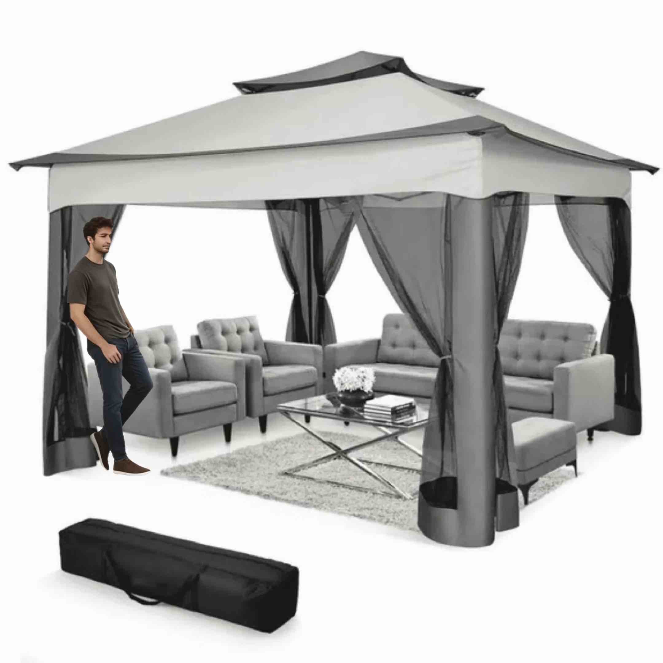 COBIZI Outdoor Canopy Gazebo 11x11 Pop up Gazebo Patio Gazebo with Mosquito Netting Outdoor Canopy Shelter with 121 Square feet of Shade for Outdoor Lawn, Garden, Backyard and Deck, Gray SPC000106-W1
