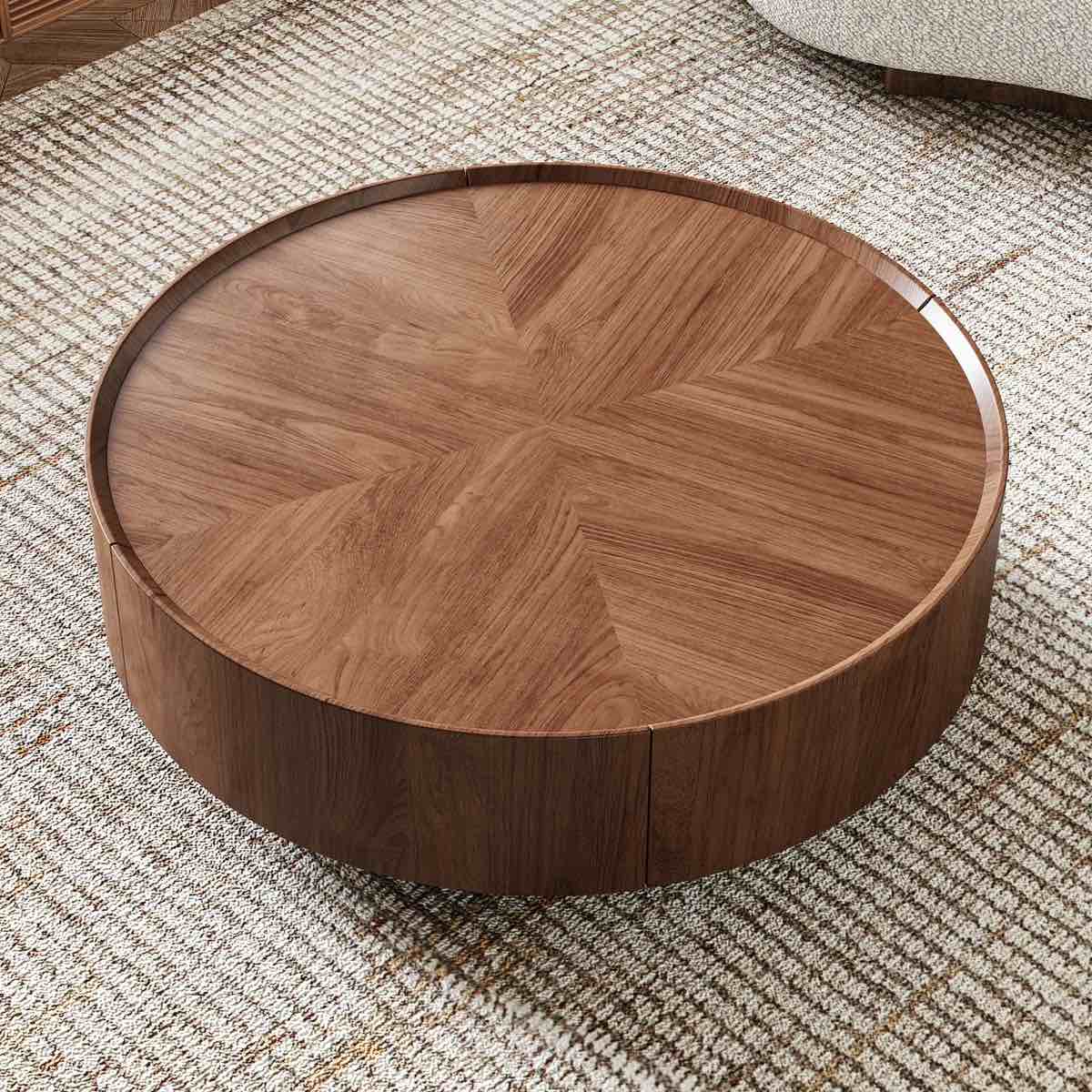 shanea industrial walnut round coffee table with storage drawers, modern living room center table with silent-glide drawers, easy assembly