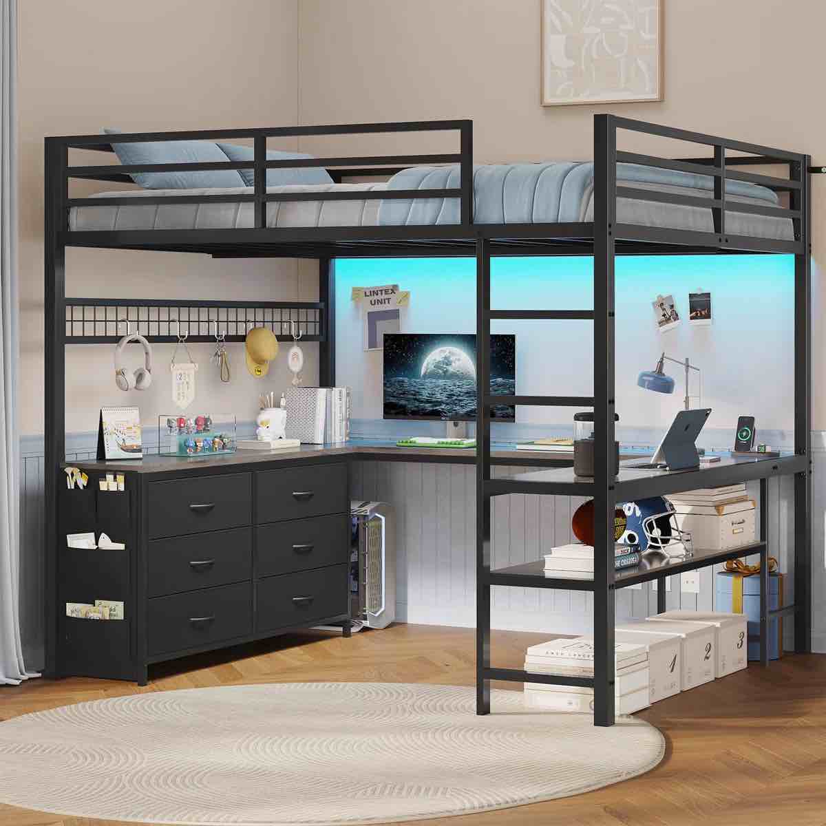 Loft Bed Full Size With U-shaped Desk, 6 Storage Drawers, Power Outlet, Led Metal Loft Bed With 2 Storage Shelves, Bed With Safety Guardrail & Ladders, No Box Spring Needed