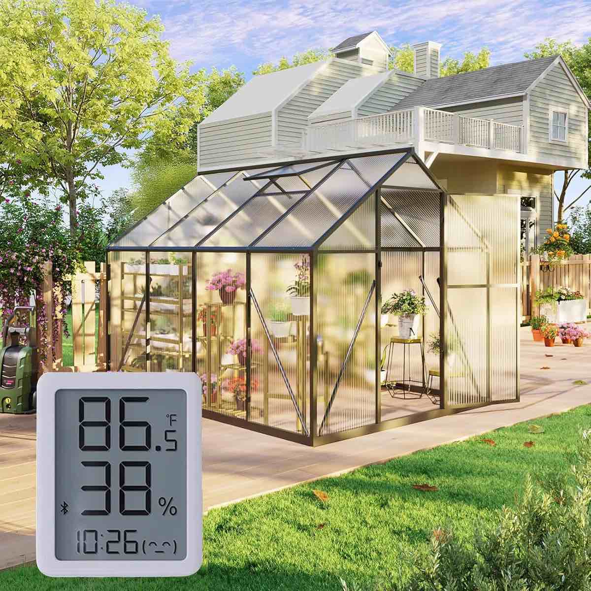 Outdoor Greenhouse, Walk-in Greenhouse, Polycarbonate Green House with UV Protection, Heavy Duty Greenhouse with Windproof Aluminum Frame, Roof Vent & Quick-Install Design for Backyard or Garden Use-  6' W x 7.5' D