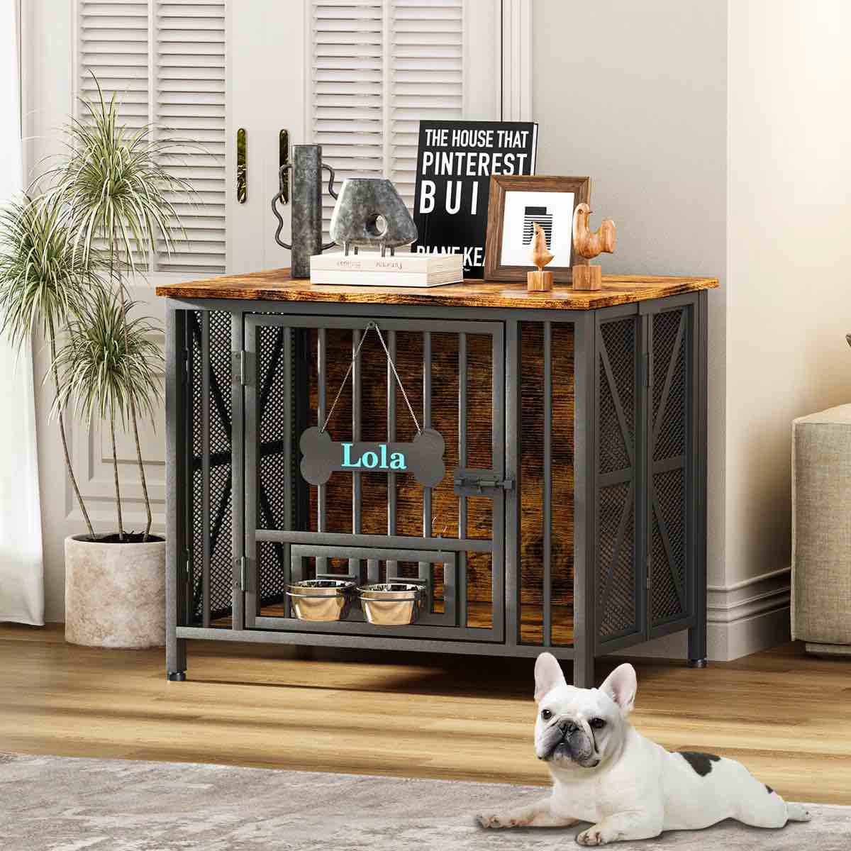 large foldable dog crate furniture, assembly-free dog crate with adjustable bowls and name tag for small, medium, large dog