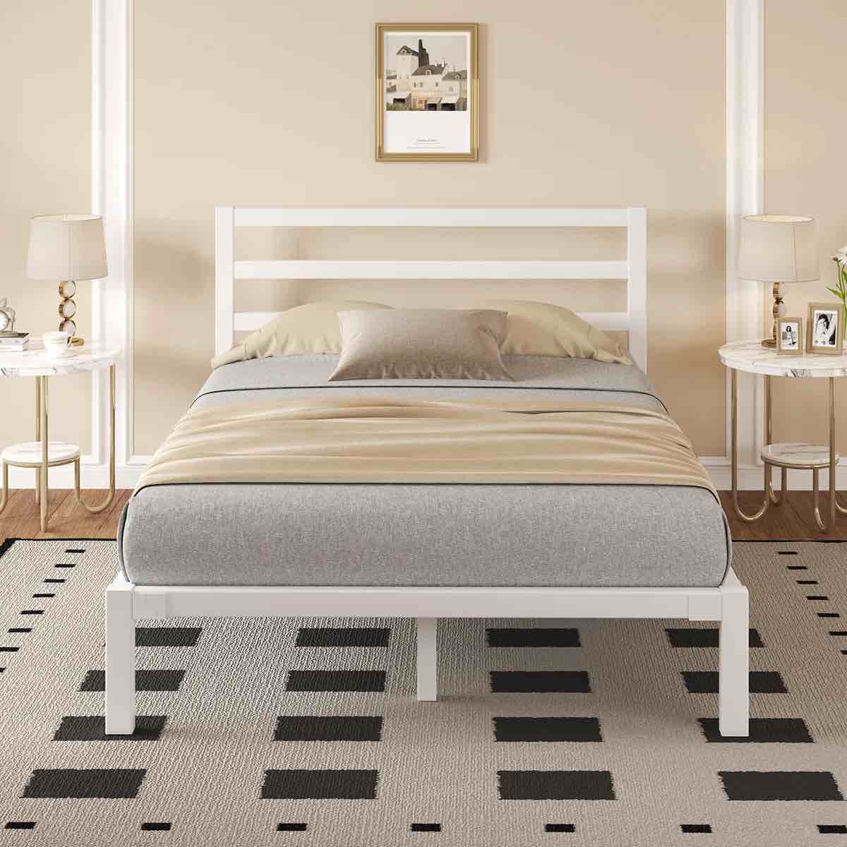 queen elegant metal bed frame with classic headboard, under-bed storage, easy assembly, white queen elegant metal bed frame with classic headboard, under-bed storage, easy assembly, white