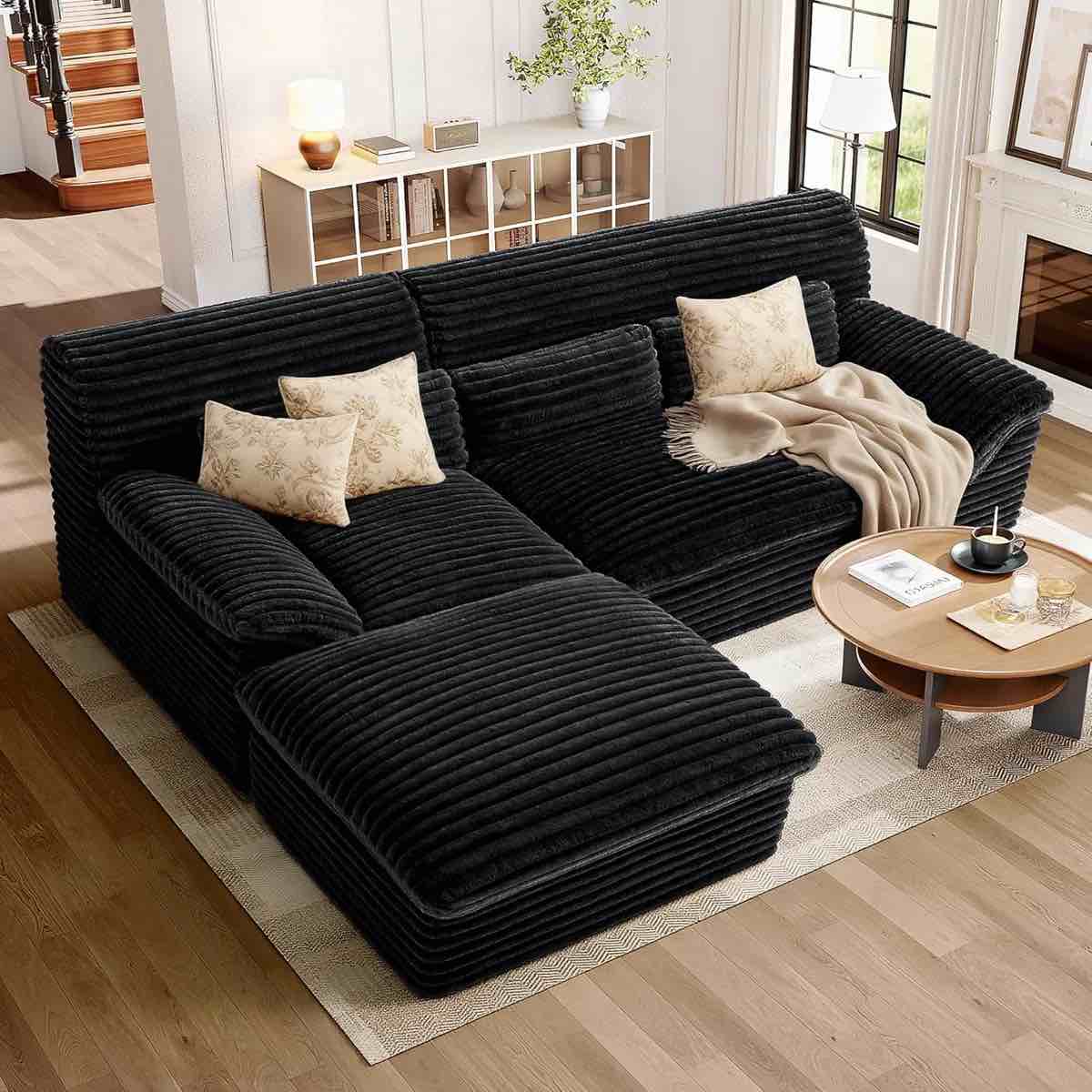 100" L-Shaped Cloud Sectional Couch With Double-Layer Thickened Deep Seat?Zero Assembly Plush Corduroy For Living Room