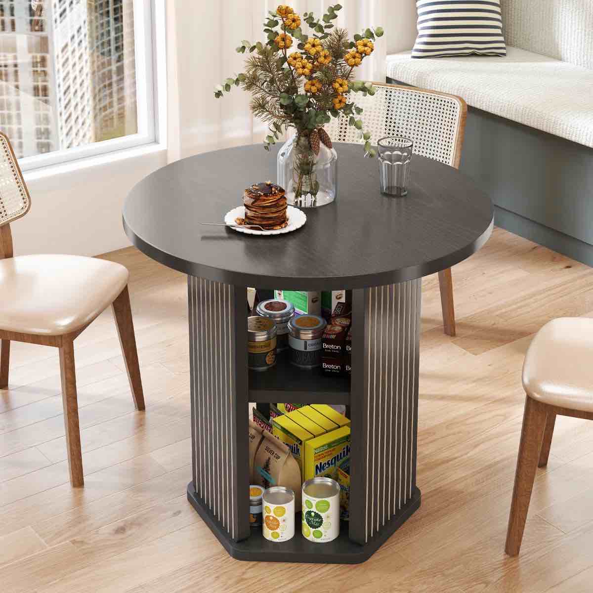 31.5” Small Round Dining Table, Fluted Kitchen Dining Table With Storage