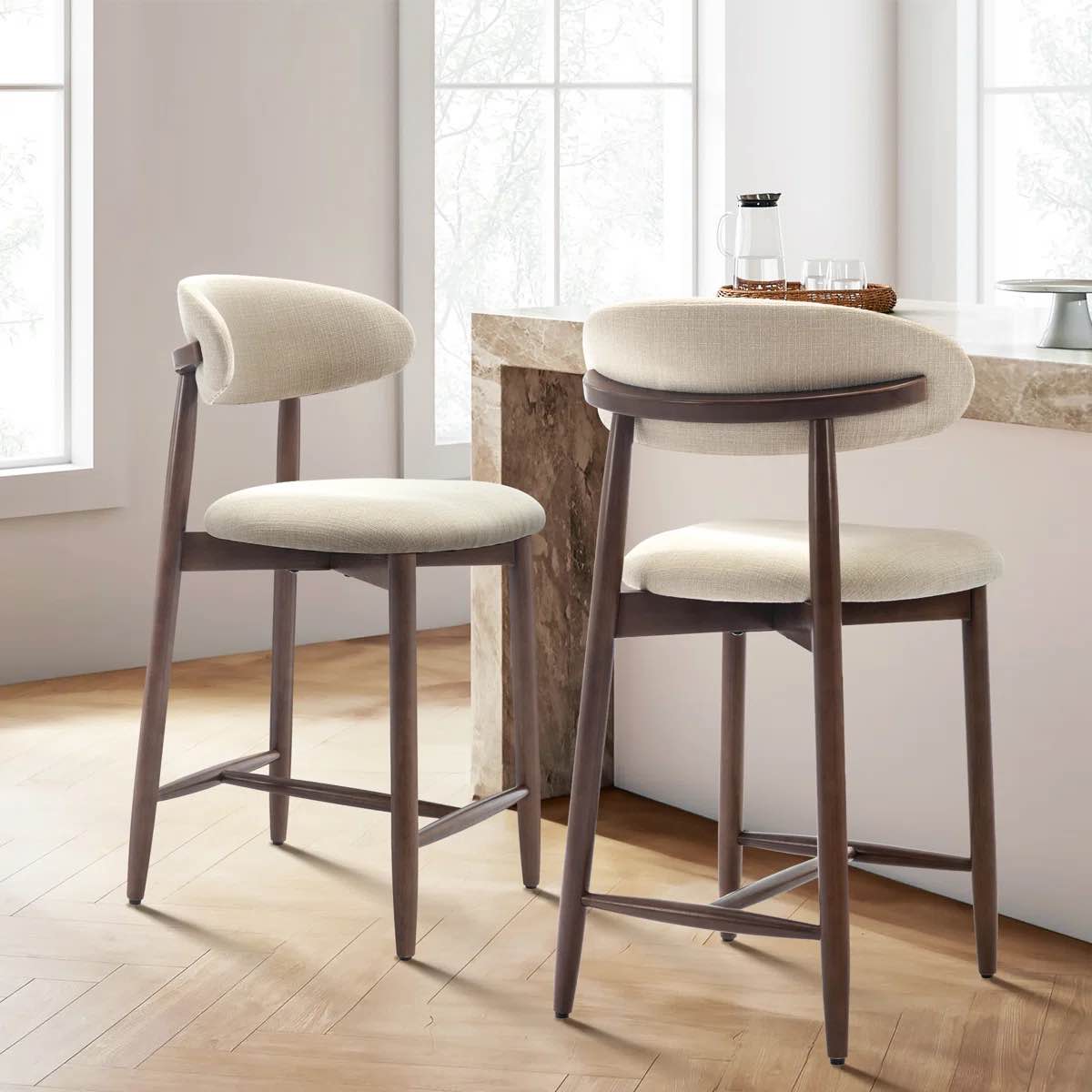 Upholstered Counter Stool Solid Wood Bar Stool (Set of 2)