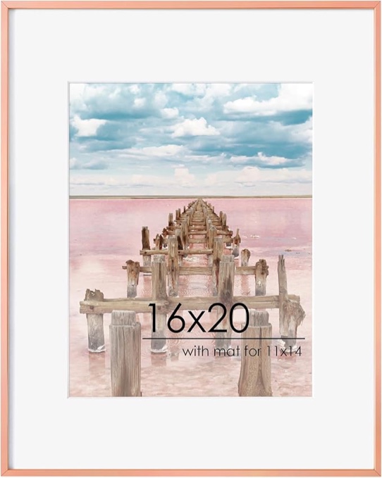 16x20 Metal Picture Frame For Wall With Mat For 11x14, 16''x20'' Aluminum Photo Frames With Tempered Glass, Minimalist Modern Poster Frame Horizontal And Vertical Formats, Rose Gold- Set Of 2