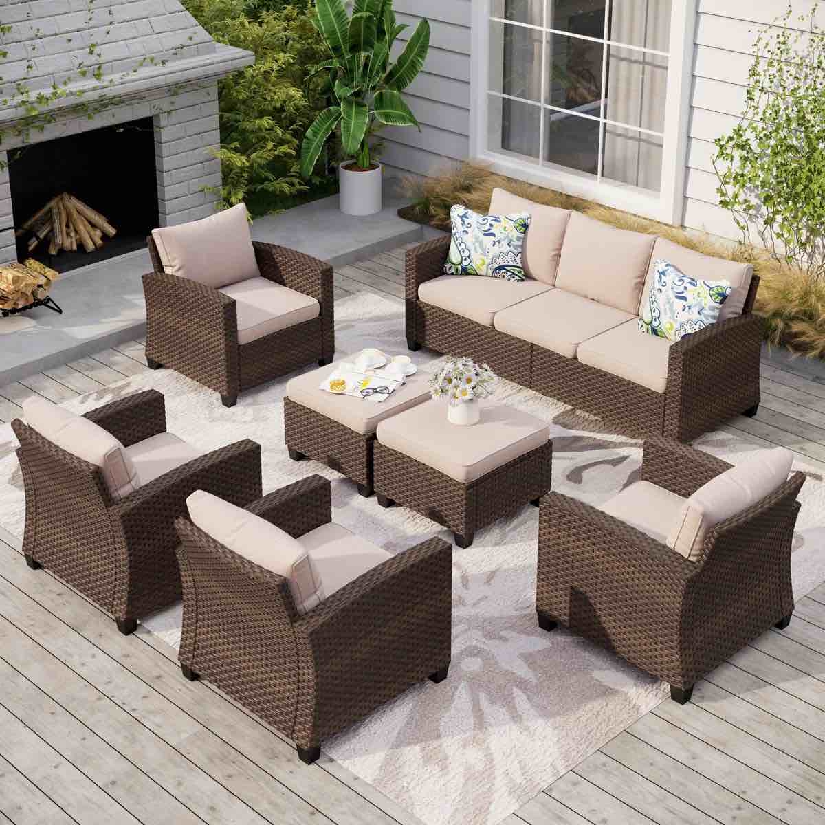 Argyri 9 - Person Outdoor Wicker Patio Conversation Furniture