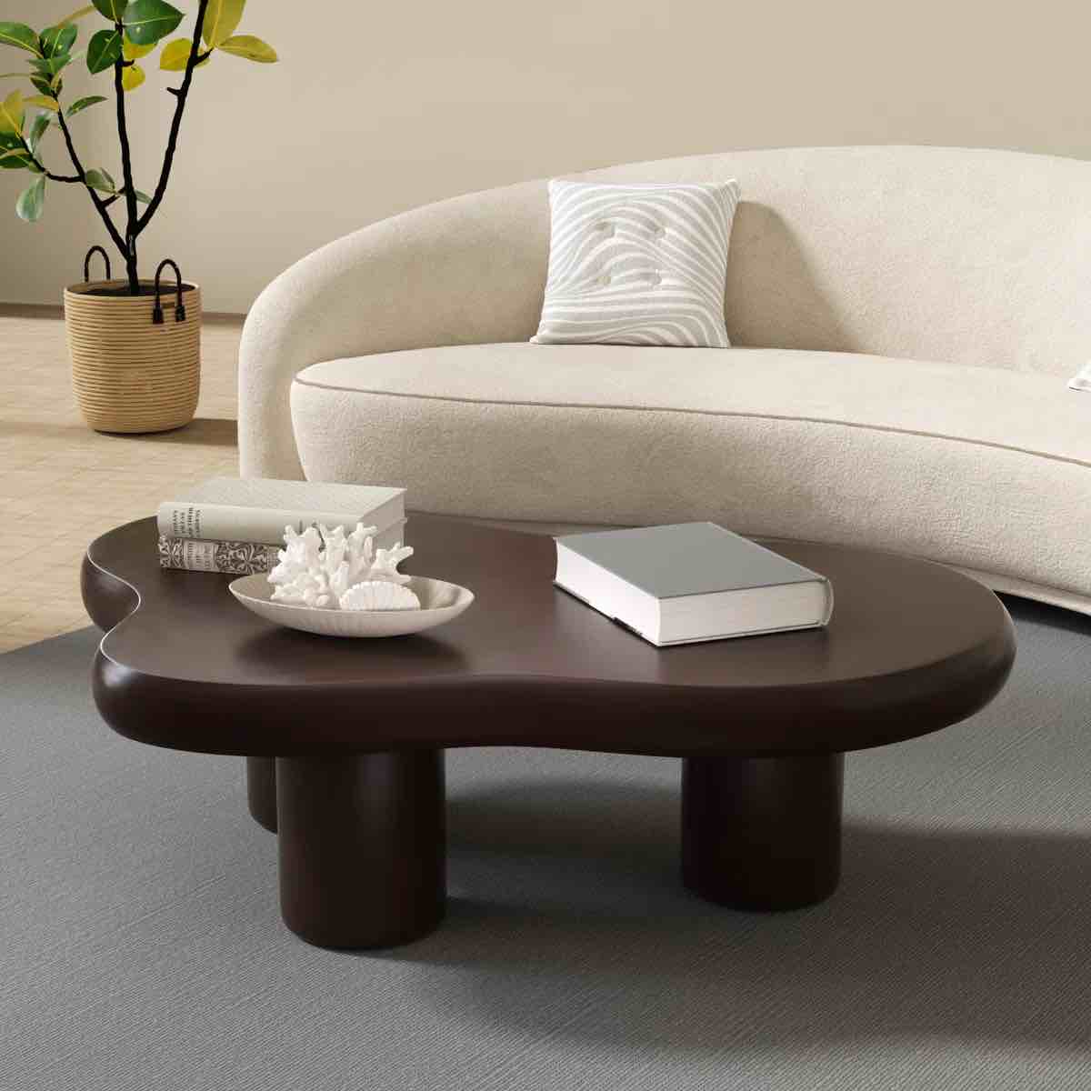 SEE DESCRIPTION 39.5" Modern Free Form Irregular Cloud Shaped White Coffee Table With 3 Legs For Living Room&Bedroom, Dark Espresso 