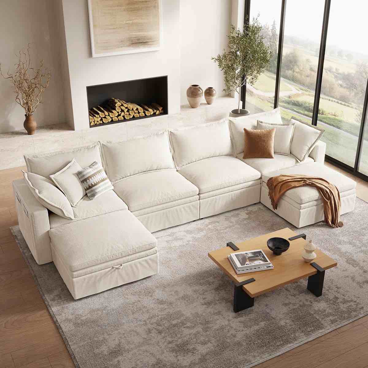 SEE DESCRIPTION 148" Down Cloud Couch, Oversized Modular Comfy Sofa for Living Room, U Shaped Sectional Couches with Detachable Sofa Cover, Storage Ottoman, Beige 