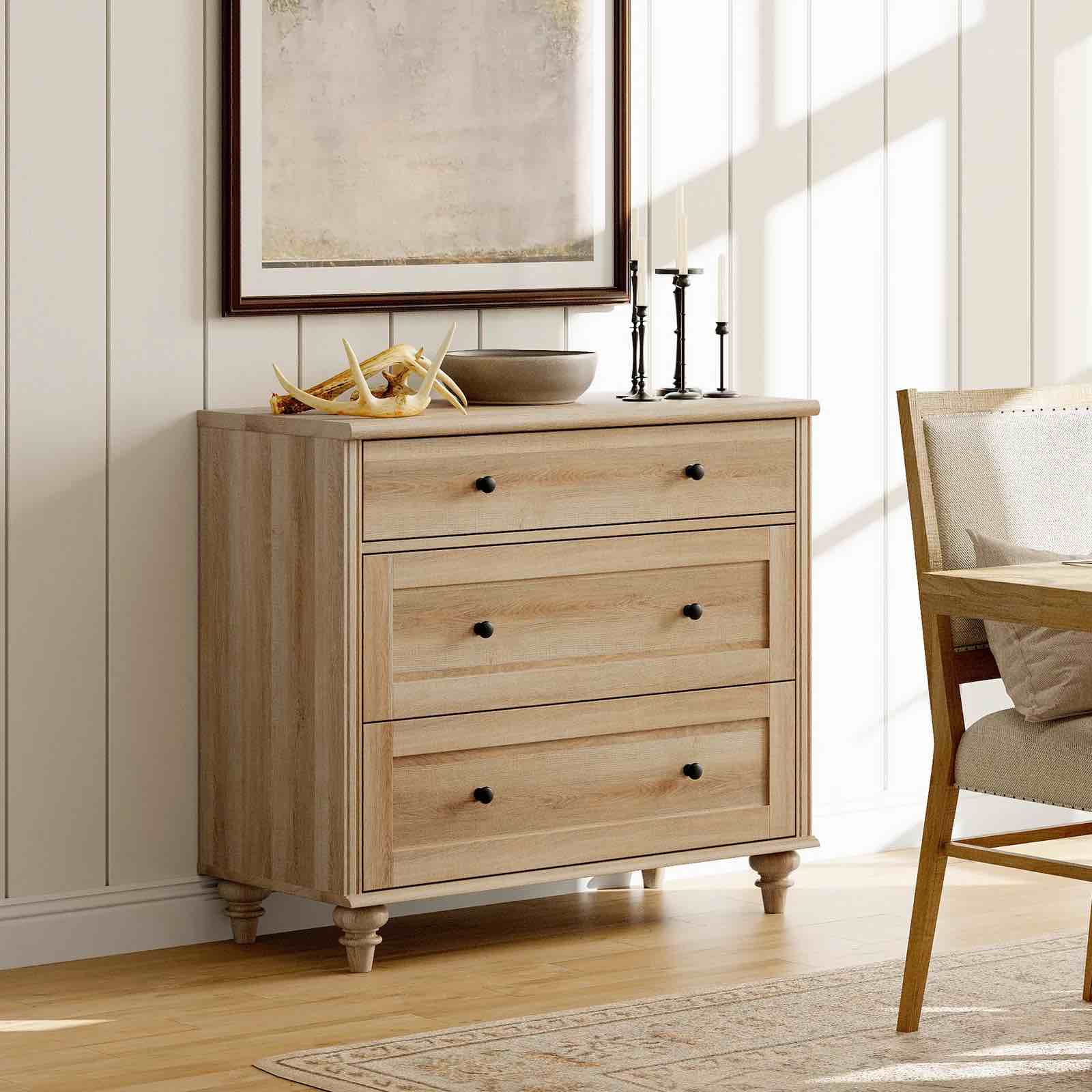 wampat 34" dresser for bedroom with 3 drawers, white kids dressers with wide chest of drawers, mid century modern wooden closet storage organizer, small dressers for living room, nursery, hallway