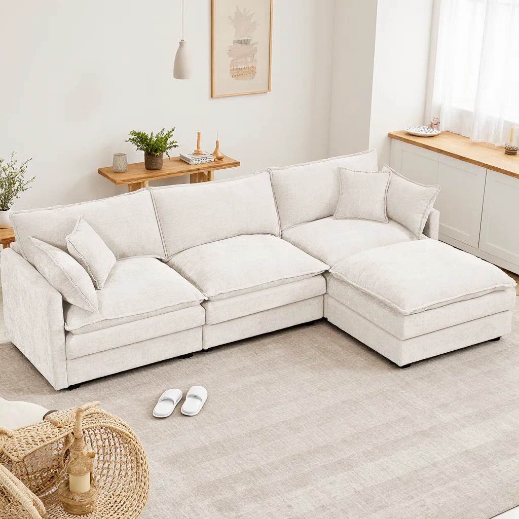 SEE DESCRIPTION 102" L-Shaped Modular Sectional Sofa with Movable Ottoman, 3-Seater Cloud Couch with Chenille Fabric & High-Resiliency Foam, DIY Combination, Easy Assembly Required