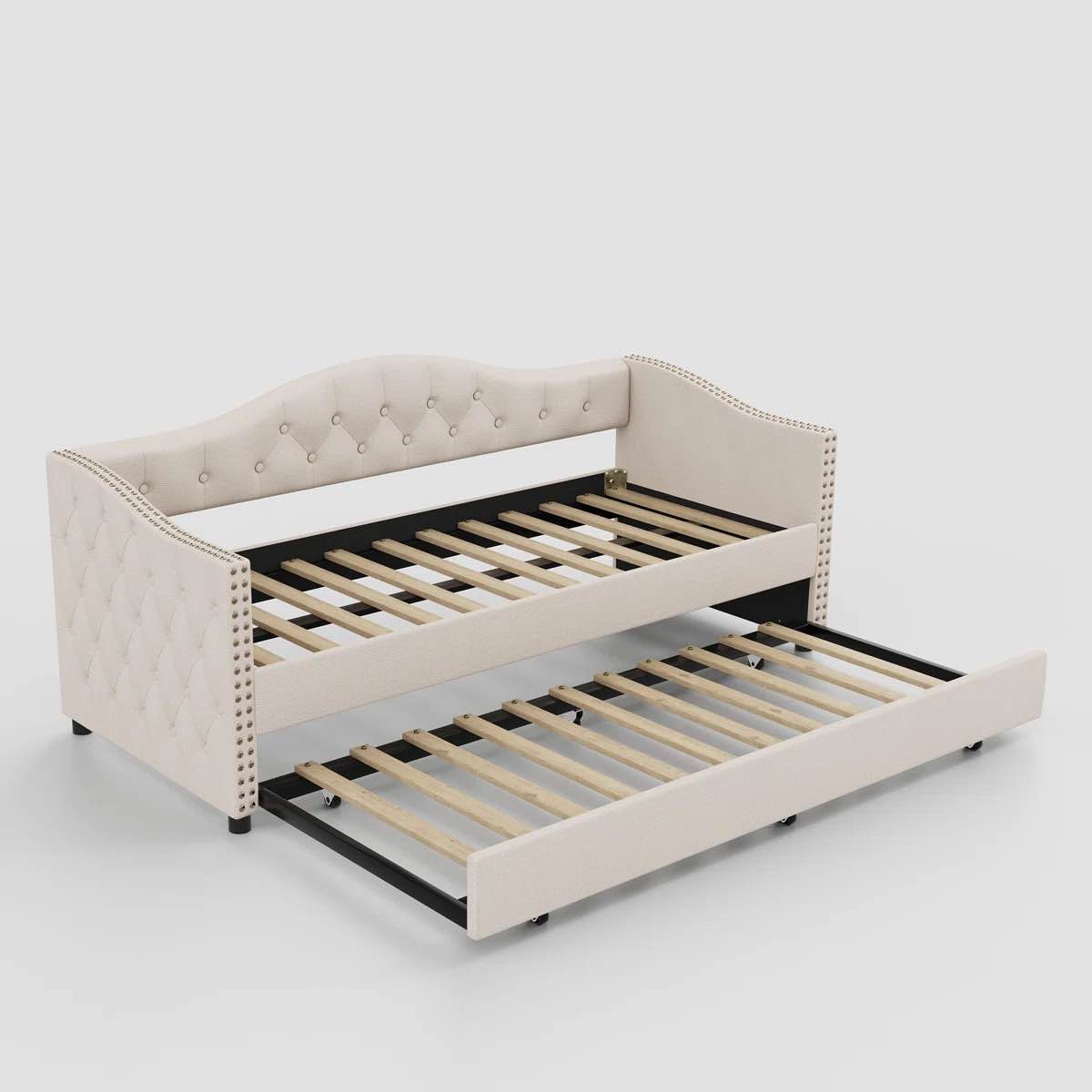 SEE DESCRIPTION Kaevion Upholstered Daybed with Trundle, Twin, Beige