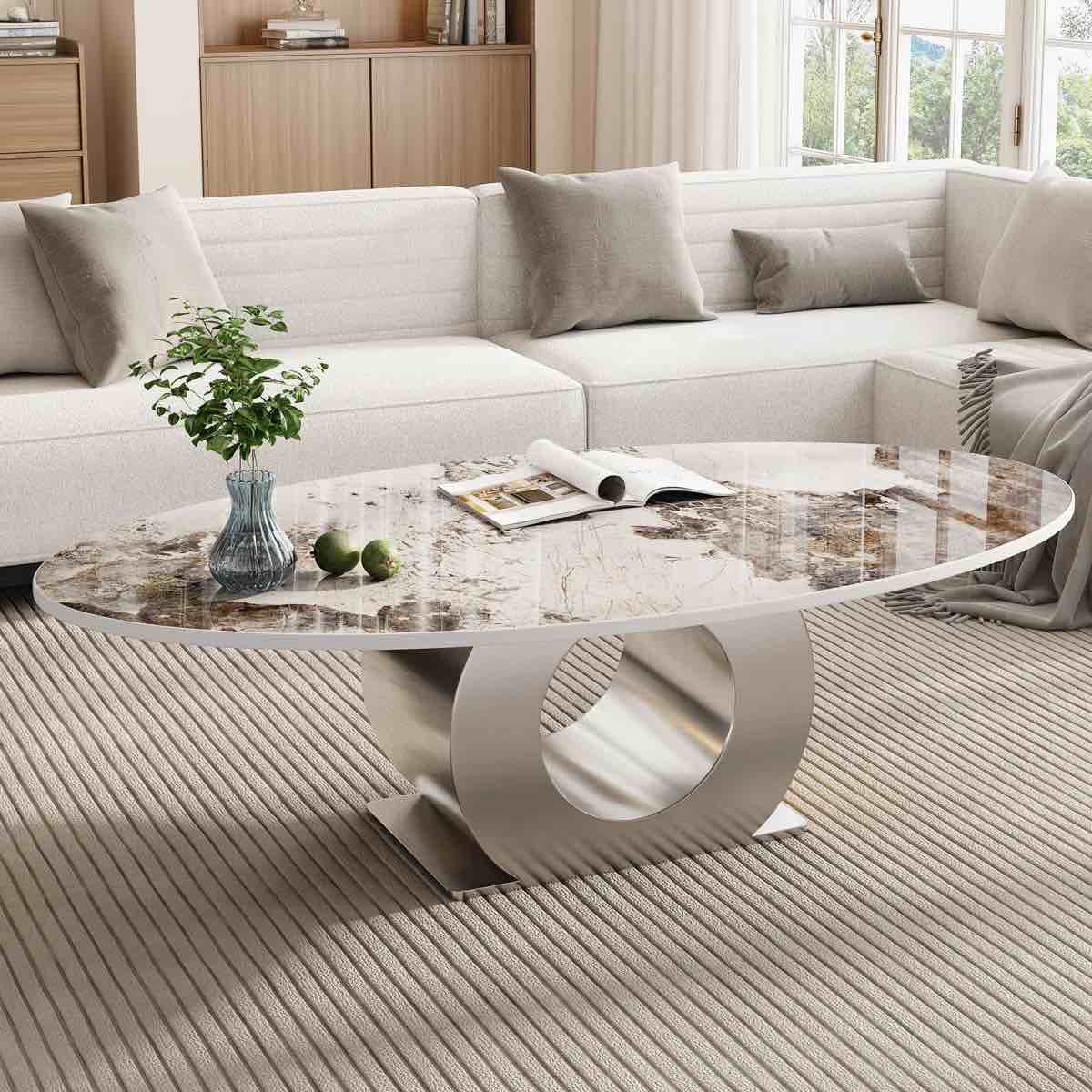 SEE DESCRIPTION 49" Luxury Oval Coffee Table with Sintered Stone Top, Modern Faux Marble Center Table with O-Ring Design for Living Room