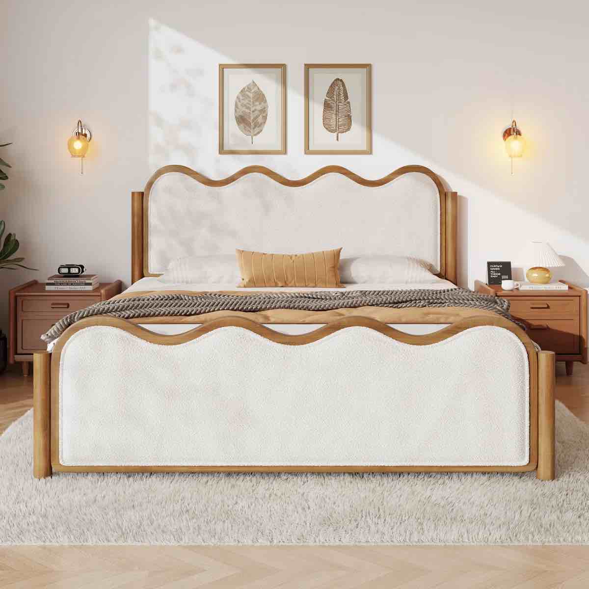SEE DESCRIPTION Ondine Mid-Century Modern Bouclé Upholstered Bed Frame With Wavy Curved Headboard, Twin 