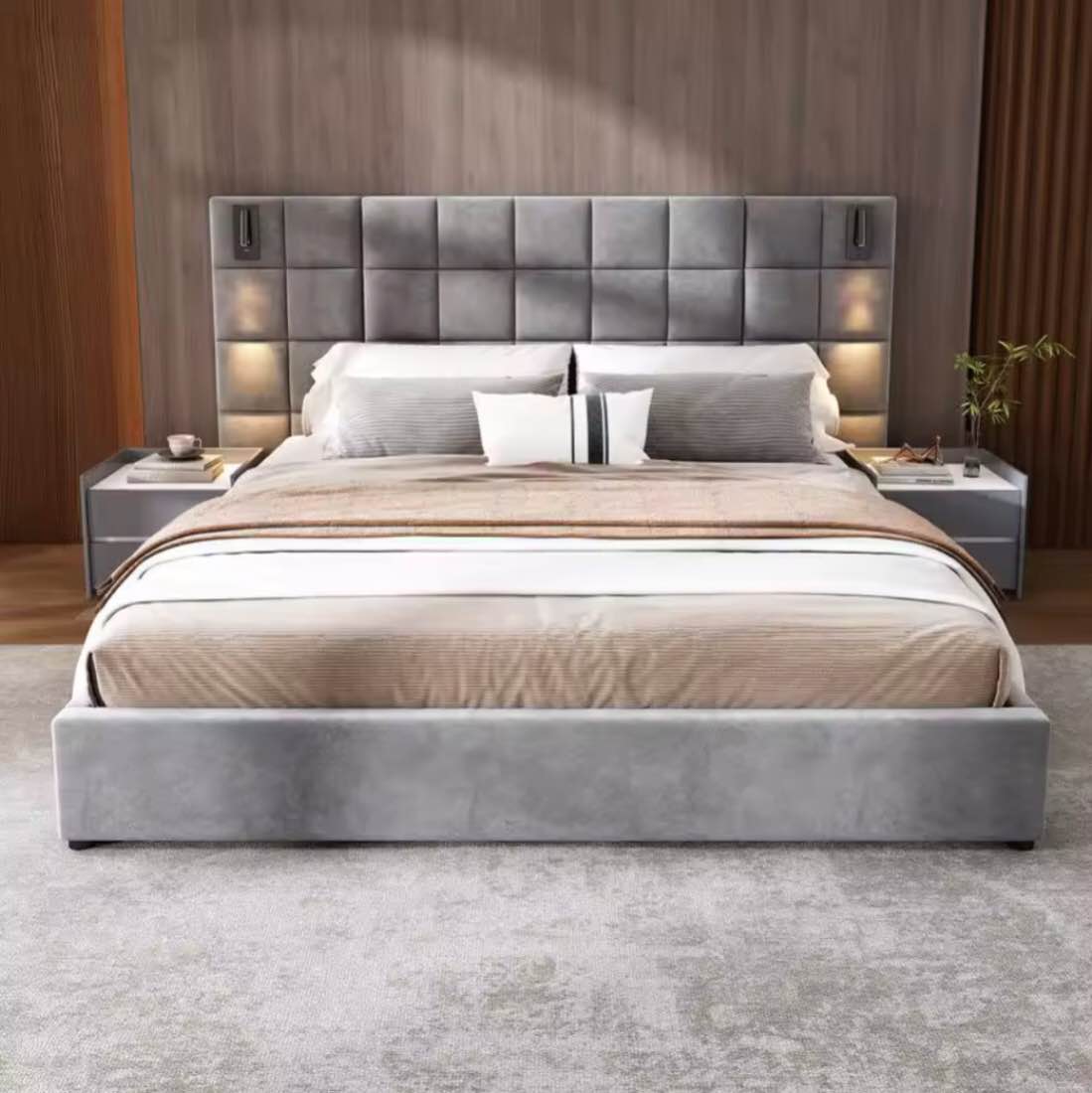 SEE DESCRIPTION King Size Upholstered Bed Frame with Wall Sconce & USB Port, Wide Velvet Headboard in Gray