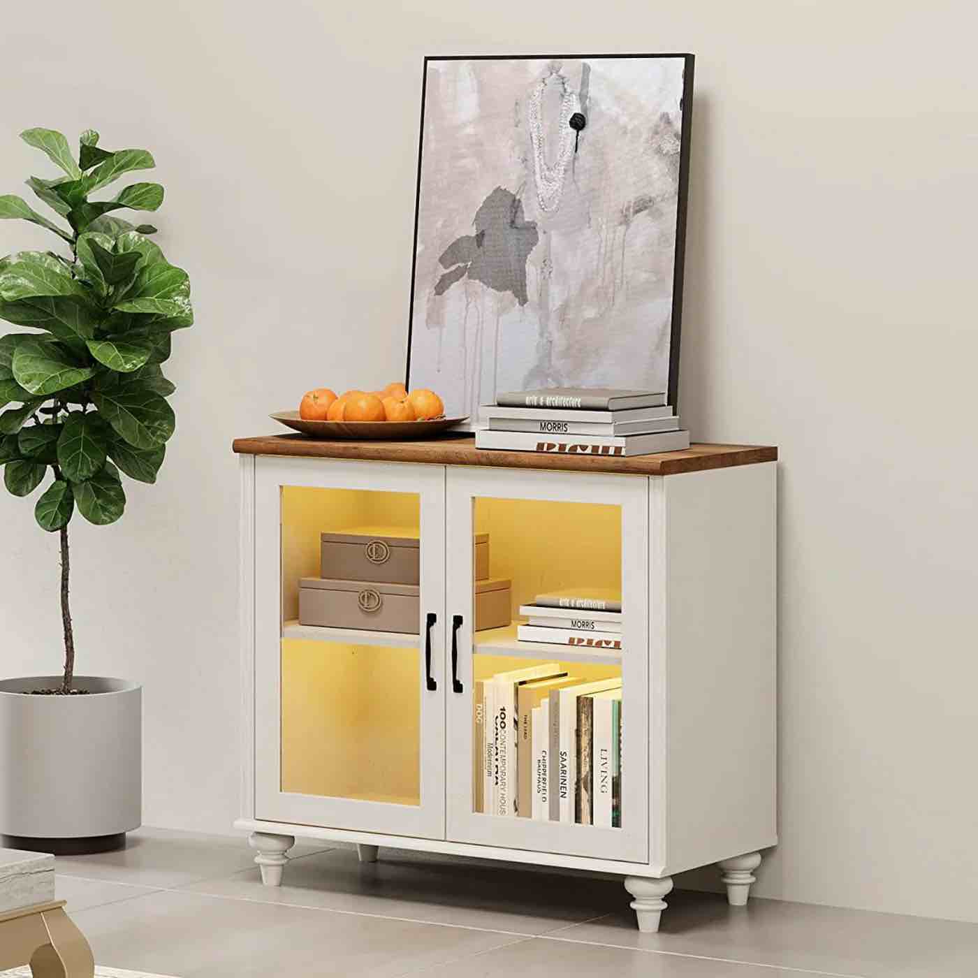 WAMPAT 34" TV Stand for 43 Inch TV with Yellow LED Light, Kitchen Sideboard Buffet Cabinet with Glass Door for Dining Room, Off White W01F3090W-N