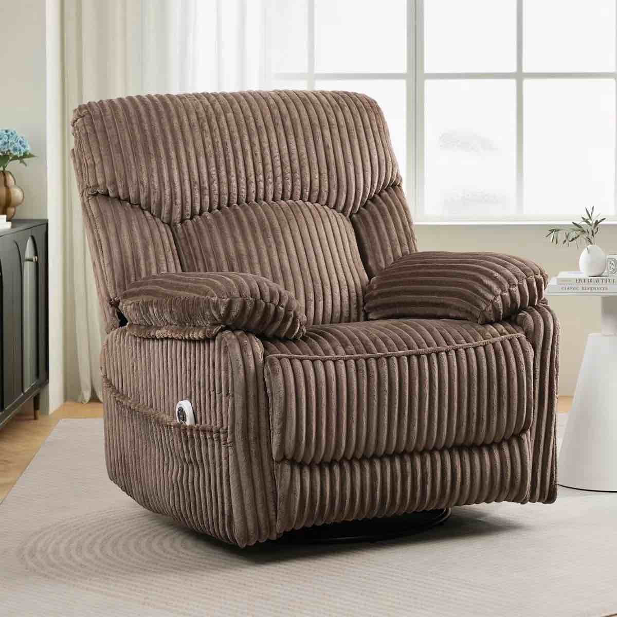 SEE DESCRIPTION Modern Corduroy Upholstered Recliner PU Leather Heated Massage Swivel Rocker Recliner With Charging Ports BS9011 BROWN