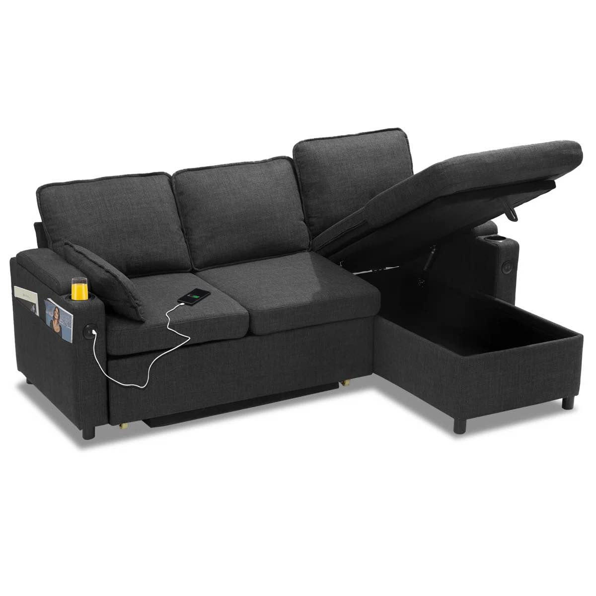 SEE DESCRIPTION L-shape 81" Wide Space-Saving Sleeper Sofa Upholstered Pull-out Sofa Bed, Dark Grey