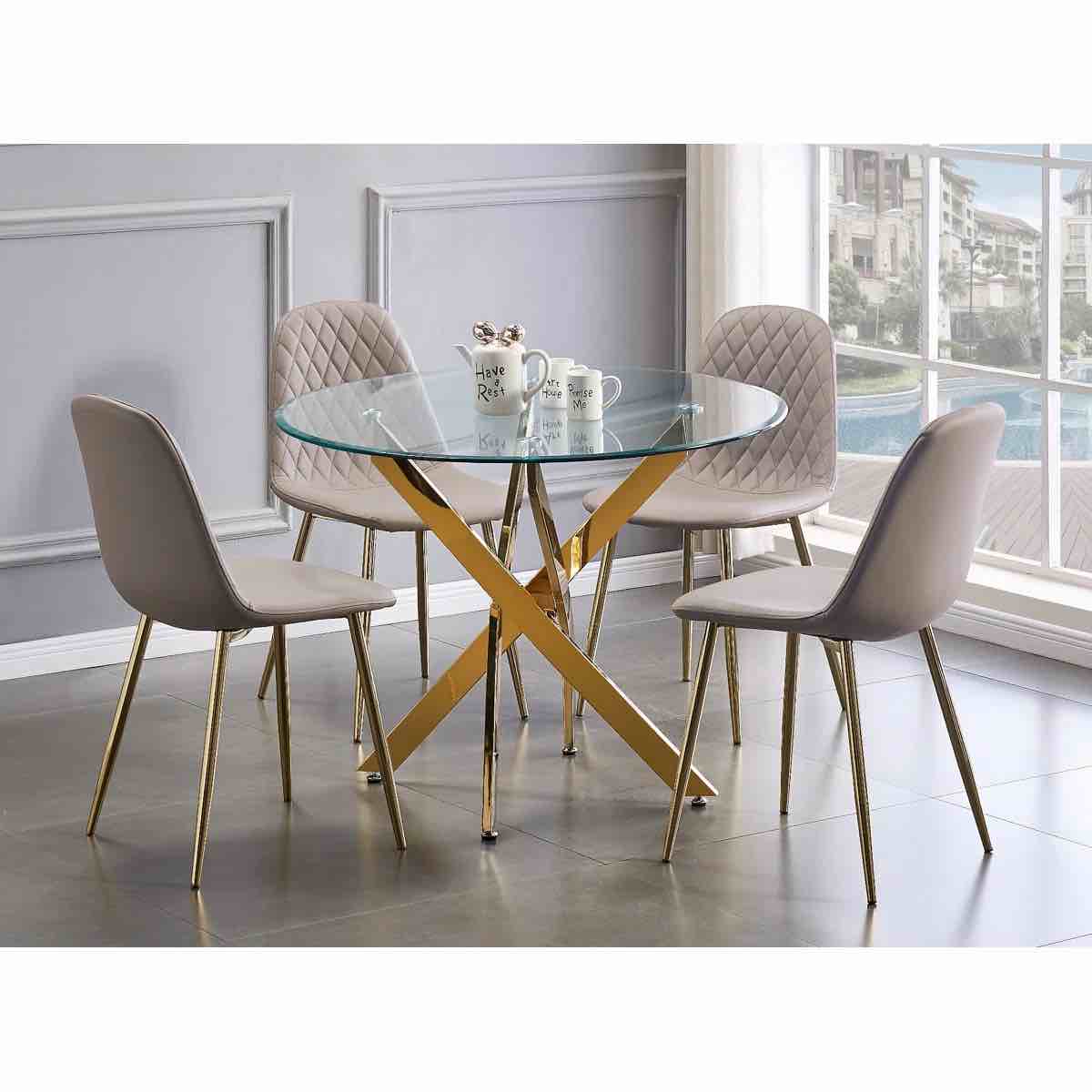 SEE DESCRIPTION Tierra Chrome Metal and Glass Round Dining Table Set with 4 Faux Leather Upholstered Dining Chairs