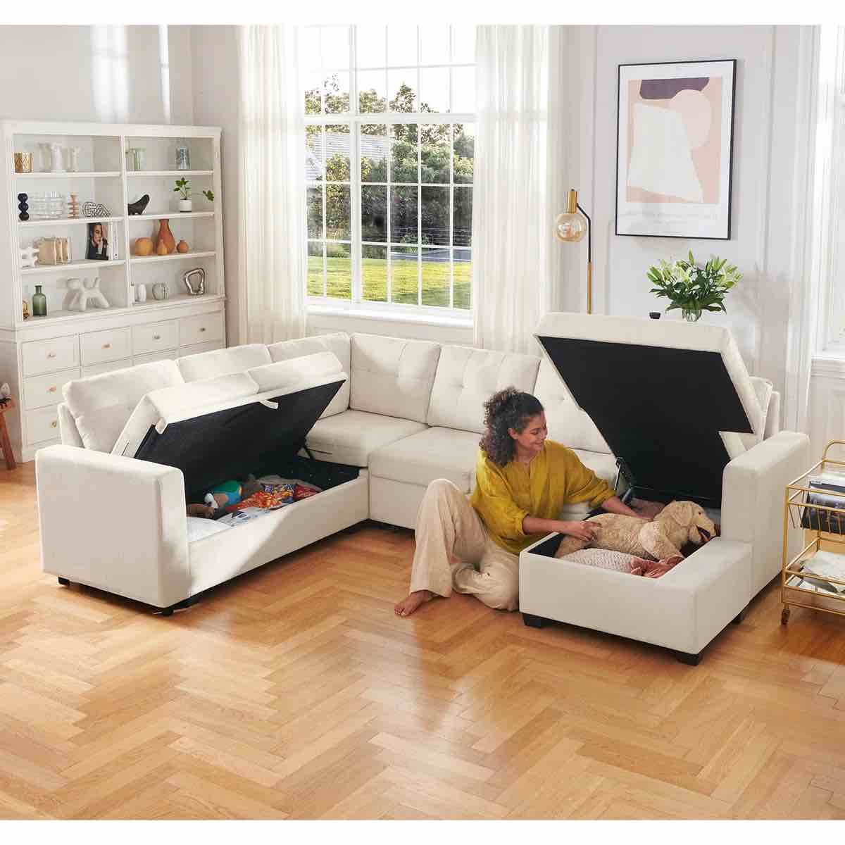 SEE DESCRIPTION Chasidi U-Shaped Sleeper Sectional Tufted Sofa Bed with Storage Chaise