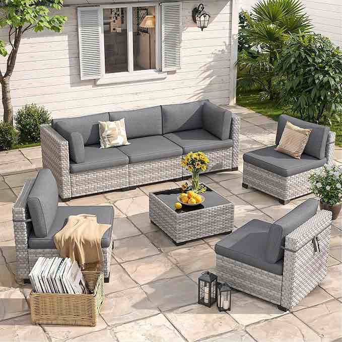 SEE DESCRIPTION 7-Piece Gray Rattan Patio Furniture Sets, Outdoor Conversation Sofa Sets with Water Resistant Black Cushions & Tempered Glass Coffee Table, Modular Outdoor Sectional Sofa Sets
