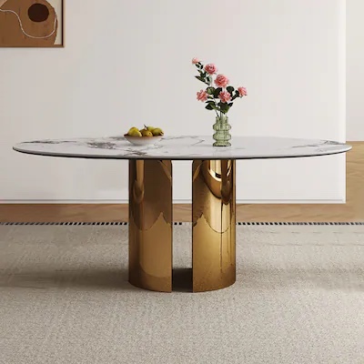 SEE DESCRIPTION 70.9-inch Oval Dining Table with Copper Stainless Steel Base, Unique Leg Design, Sturdy and Stable, Perfect for Kitchen, Dining