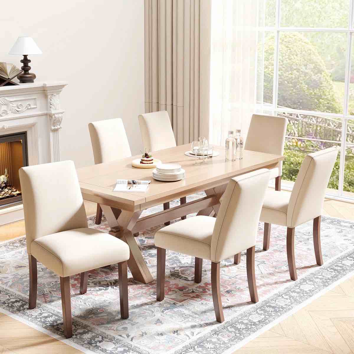 Farmhouse Upholstered Dining Chairs, Linen Padded Seat Kitchen Side Chairs with Solid Wood Legs, Modern Dining Room Chairs for Home Restaurant Cafe Decor (Set of 2) Beige