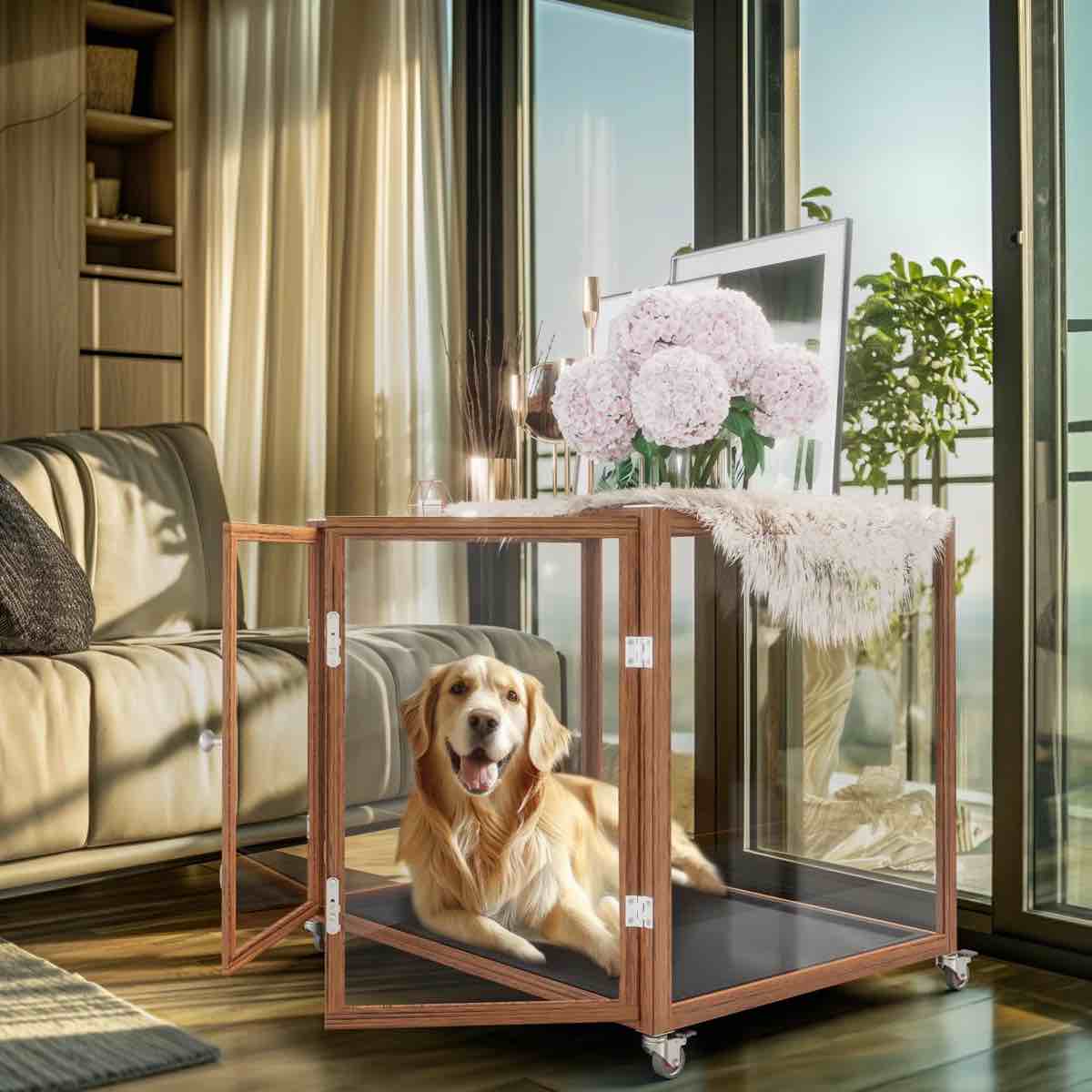Innovated Transparent Tempered Glass Dog Cage Crate Aluminum Frame Pet Kennel, Brown Extra Large (32.5" H x 42" W x 27" D)