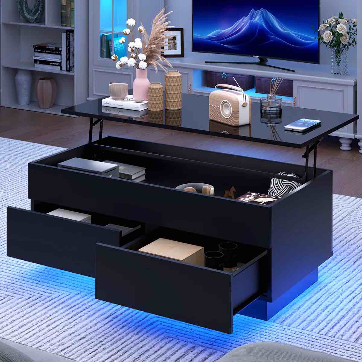 Chappa Lift Top Coffee Table with Multifunctional RGB LED Lights, Hidden Compartment and Drawers
