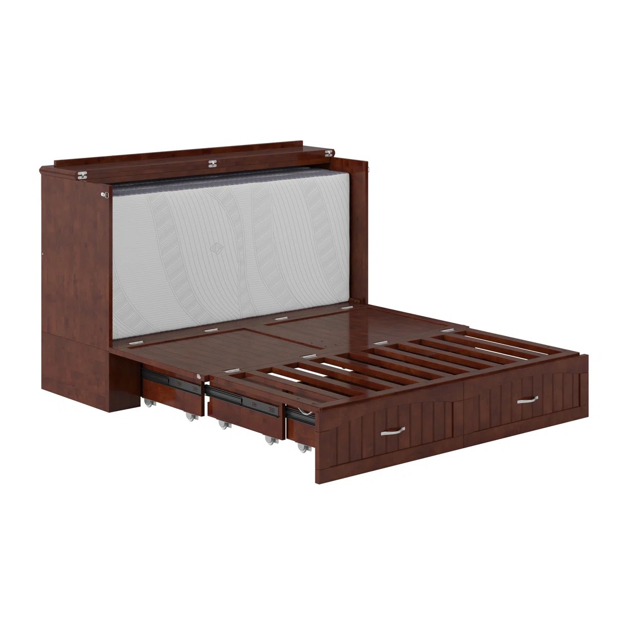 SEE DESCRIPTION Fabiano Queen Storage Murphy Bed with 6" Mattress, Storage and Built-in Charger, Walnut 