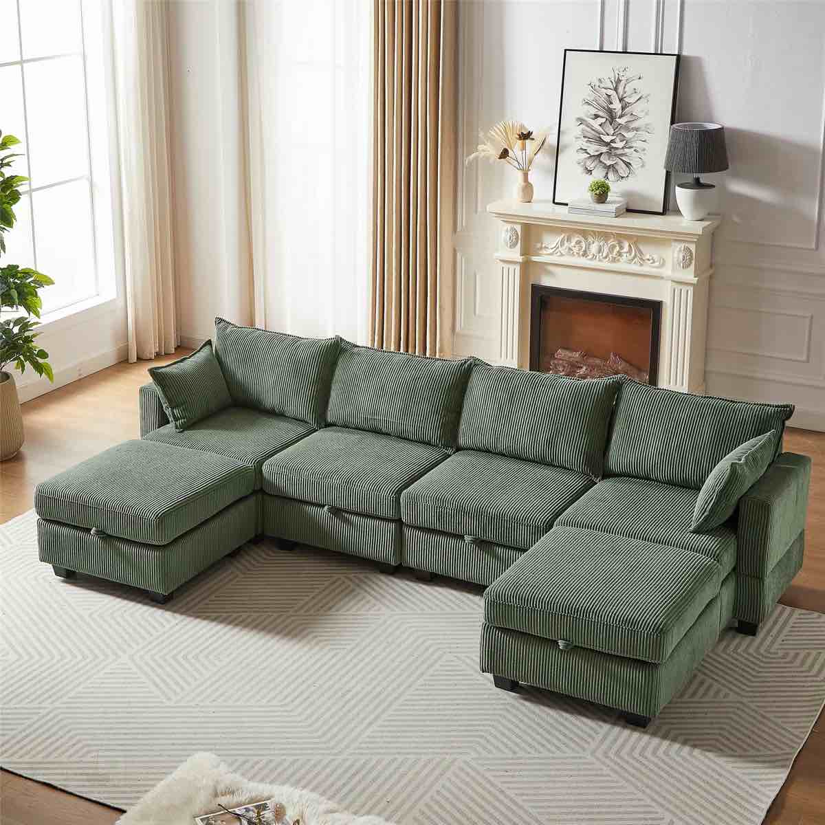 SEE DESCRIPTION Modular Sofa with Pull Out Bed, Corduroy Sectional Convertible Shaped Sleeper with Storage Ottoman,11 Seater Reversible Chaise Couch for Furniture Sets, Living Room (8 Seater 101"W* 52"D, Green)