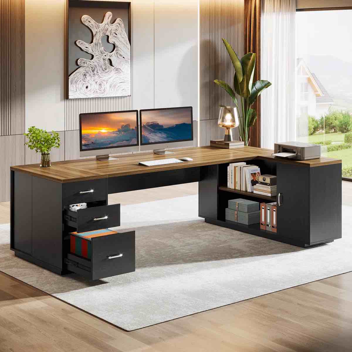 SEE DESCRIPTION 85.8" L-Shaped Executive Desk with File Drawers