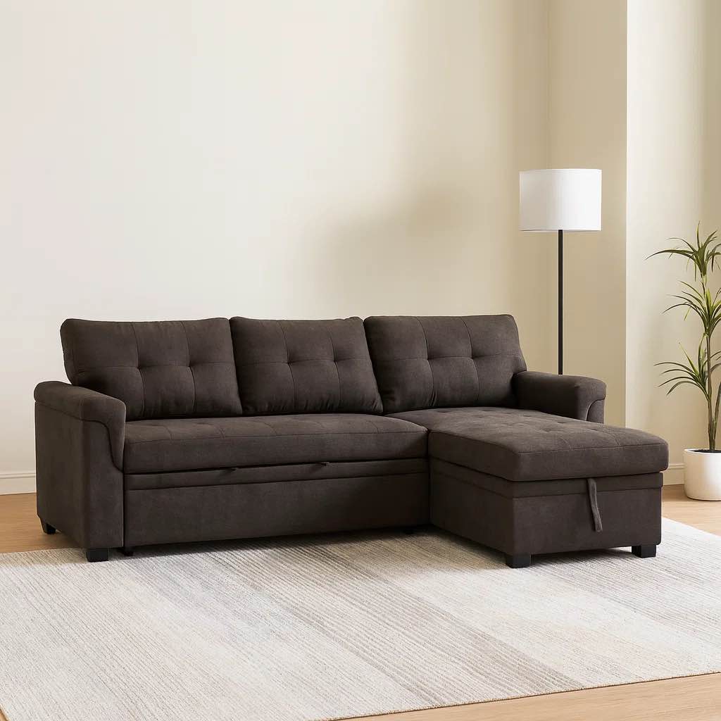 SEE DESCRIPTION Gadalia Modern L-Shaped Sectional Sleeper Sofa with Storage Chaise, Pull-Out Bed Design – Reversible Velvet Couch for Small Spaces, Espresso Velvet
