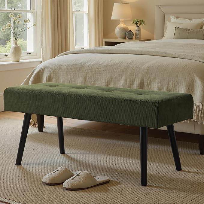 Comfy to go Entryway Bench - Green Bench for Bedroom, Modern Ottoman End of Bed, Corduroy Padded Benches for Living Room, Foyer, Mudroom, Hallway - 39" L x 14" W x 17" H (Green)