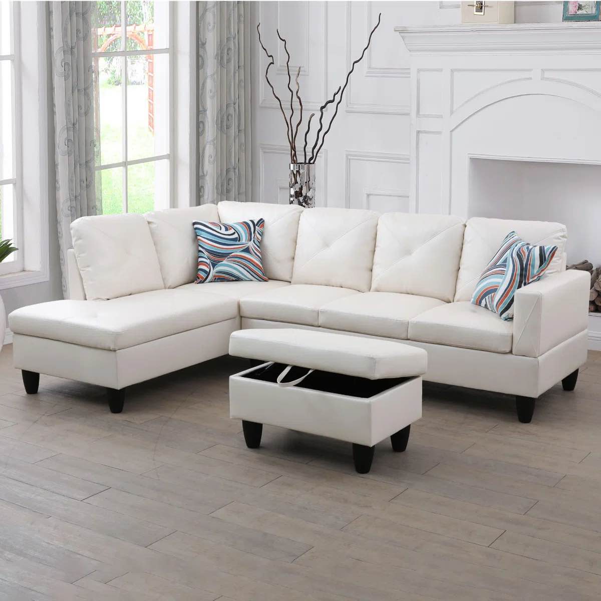 SEE DESCRIPTION Life Style Wide Faux Leather Sofa & Chaise with Ottoman, Off White Faux Leather, F09822