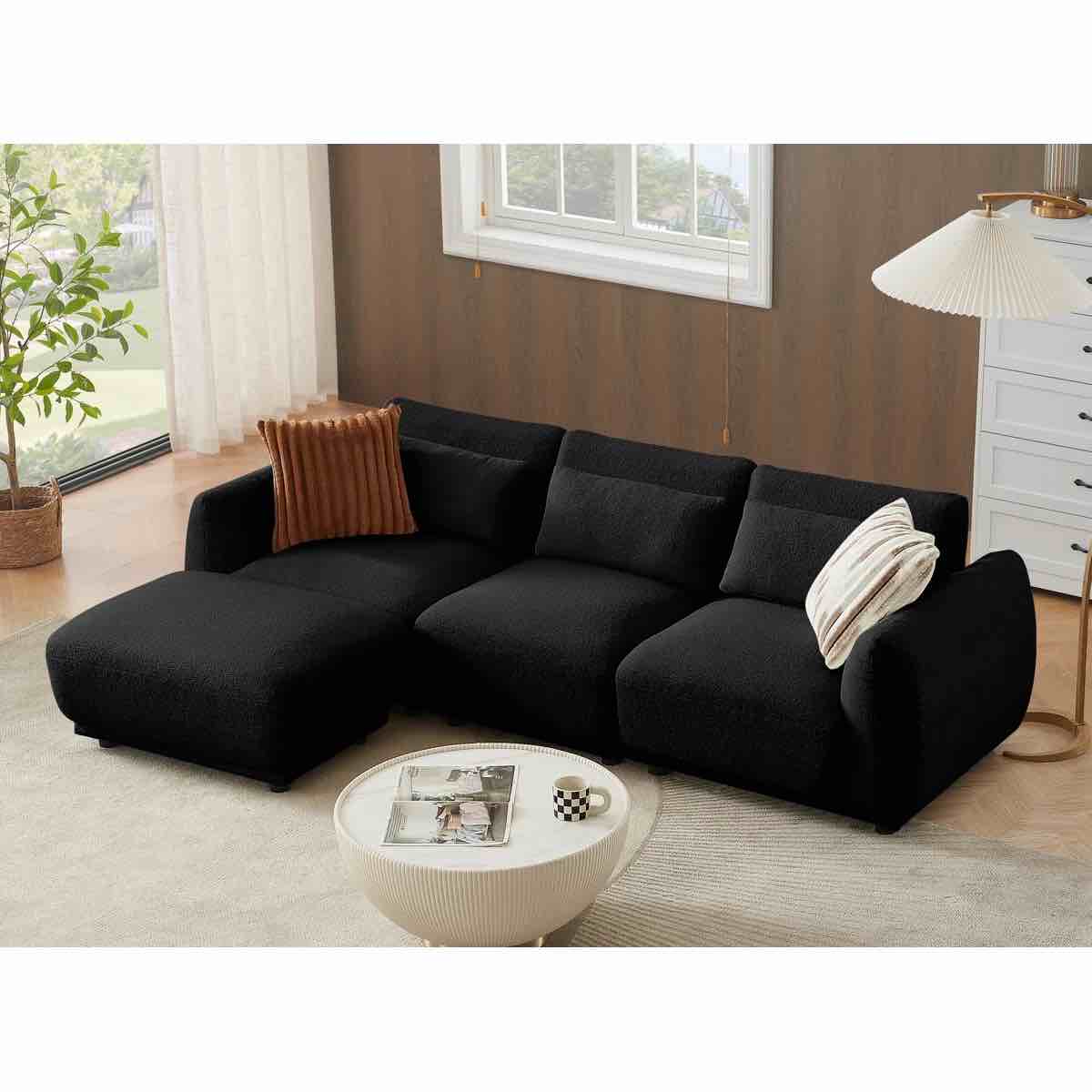 SEE DESCRIPTION Ballyrobert 4 - Piece Upholstered Sectional Teddy Wool Modern Sectional Sofa 3 Seat L Shaped Convertible Modular Sectional Sofa with Reversible Ottoman, Black 