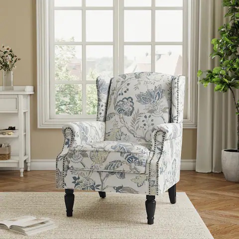 Traditional Floral Patterned Wingback Armchair with Nailhead Trim - Plants Blue CH0036-PLANTS BLUE
