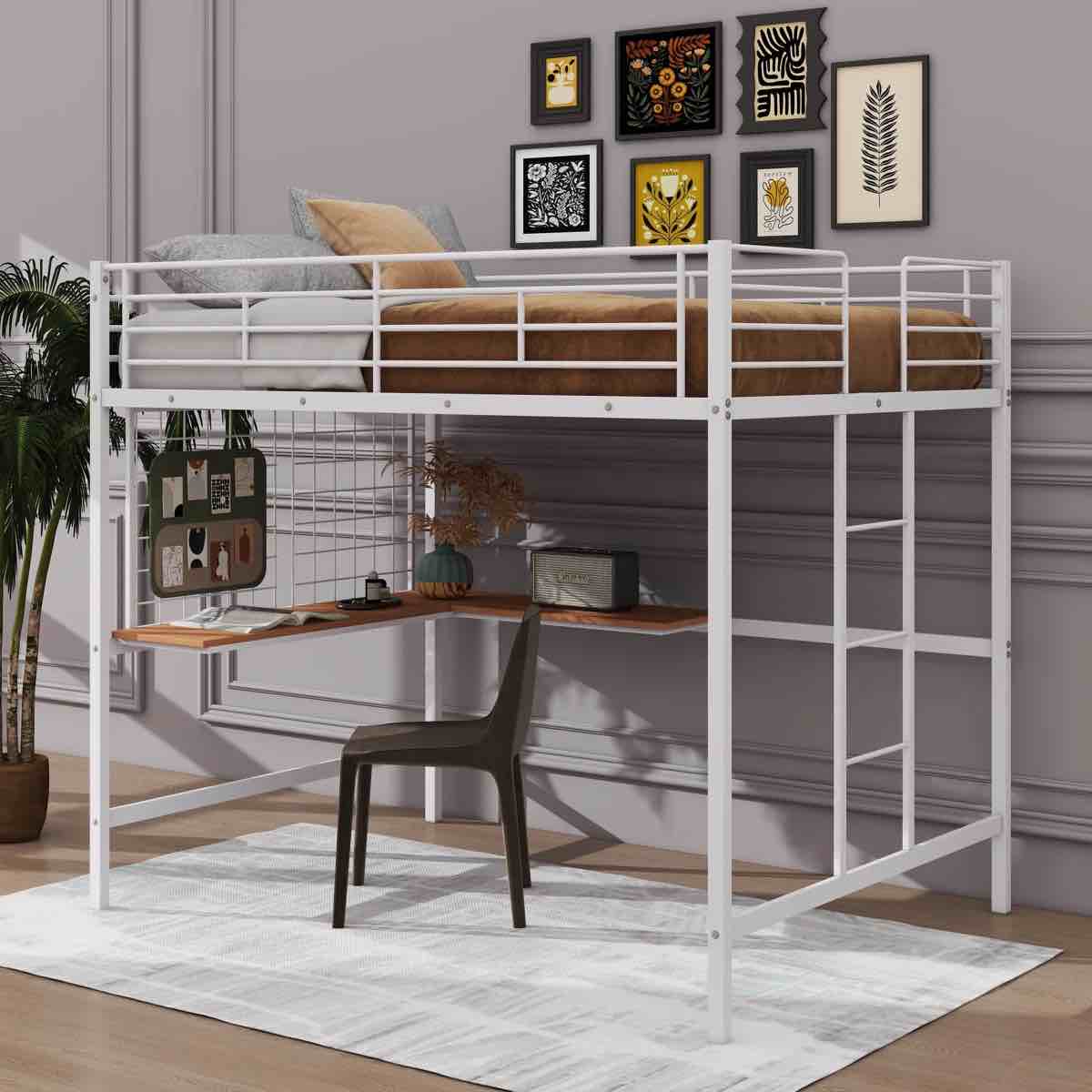 SEE DESCRIPTION Battista Metal Loft Bed with Desk and Metal Grid, Twin, White