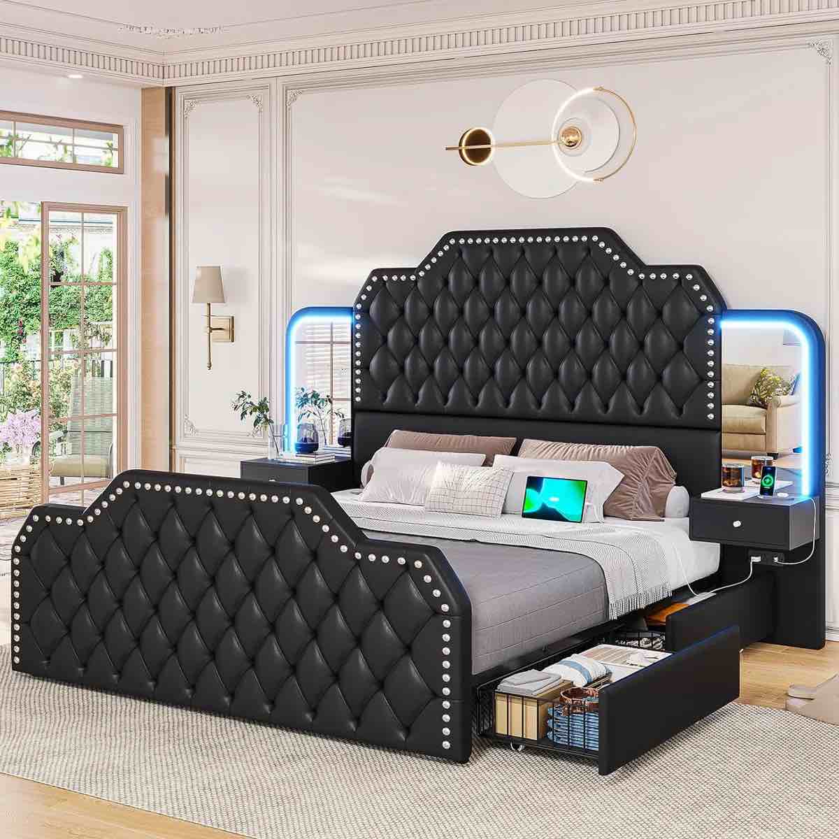 SEE DESCRIPTION Karlton Platform Bed with Fabric Upholstered Headboard 4 Storage Drawers LED Tall Platform Bed Frame