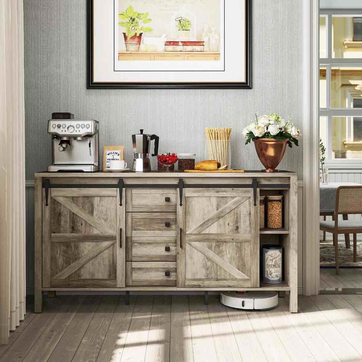 59 Inch Farmhouse Sideboard Buffet Cabinet with Thick Top, Coffee Bar Cabinet with 2 Sliding Barn Doors, 4 Drawers and 2 Adjustable Shelves for Kitchen