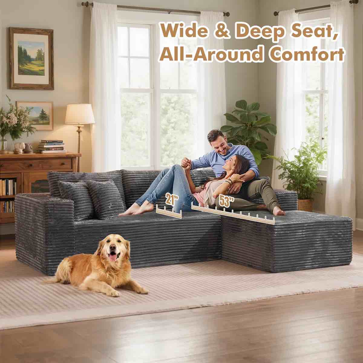 No Assembly Required 4-piece Cloud Modular Upholstered Sectional Sofa, Gray Corduroy 