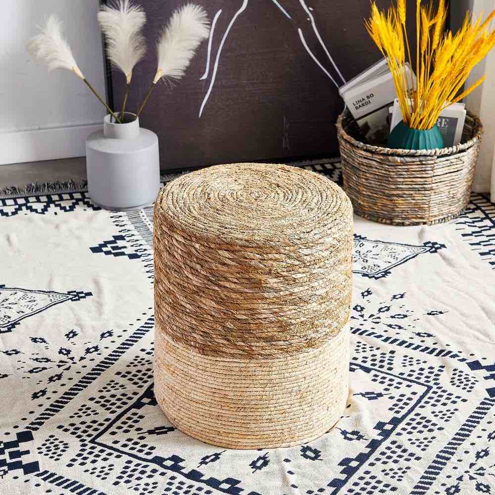 OT-ZHS-2000068B Wimarsbon Ottoman Poof, Natural Seagrass Poufs, Hand Weave Round Footstool, Pouffe Accent Chair, Sitting Braided Footrest W/Jute