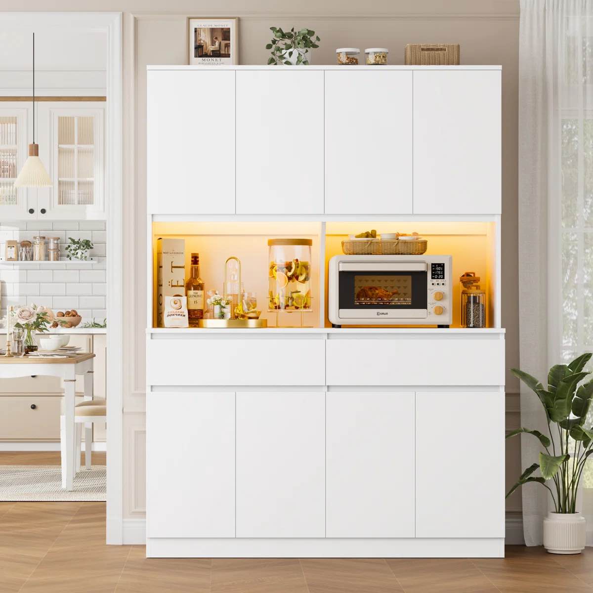  75" Large Wood Kitchen Pantry With Microwave Shelf And Led Lights 