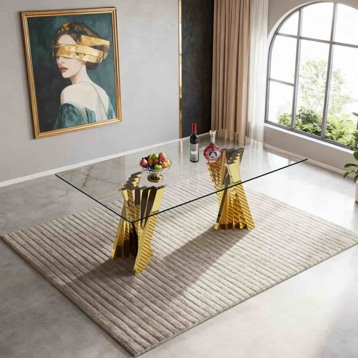 SEE DESCRIPTION 70" Glass Dining Table for 6-8 Luxury Glass Top Kitchen Table for 6 Mid-Century Rectangle Dining Room Table w/Mirrored Stainless Steel Base for Home Office Meeting