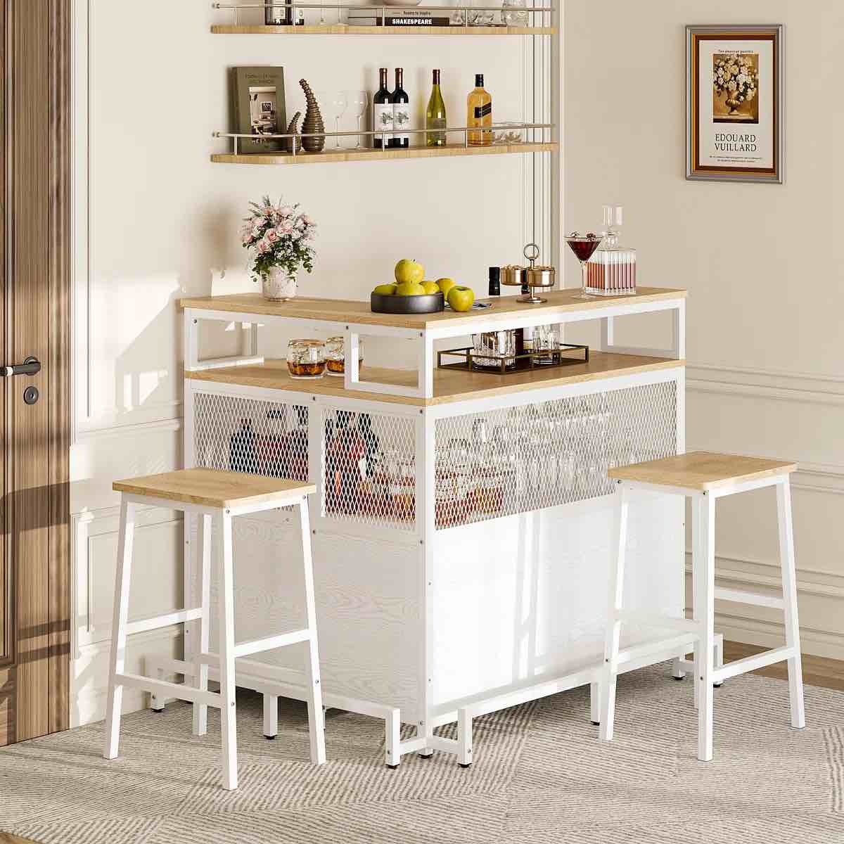 industrial style bar cabinet set with 2 stools, 4-tier bar table with wine glass holders and wine rack , l-shaped wine cabinet with led lights for dining room, kitchen