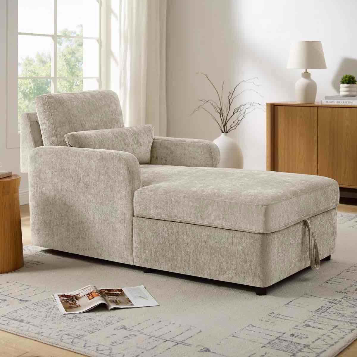 Upholstered Chaise Lounge With Storage, Camel